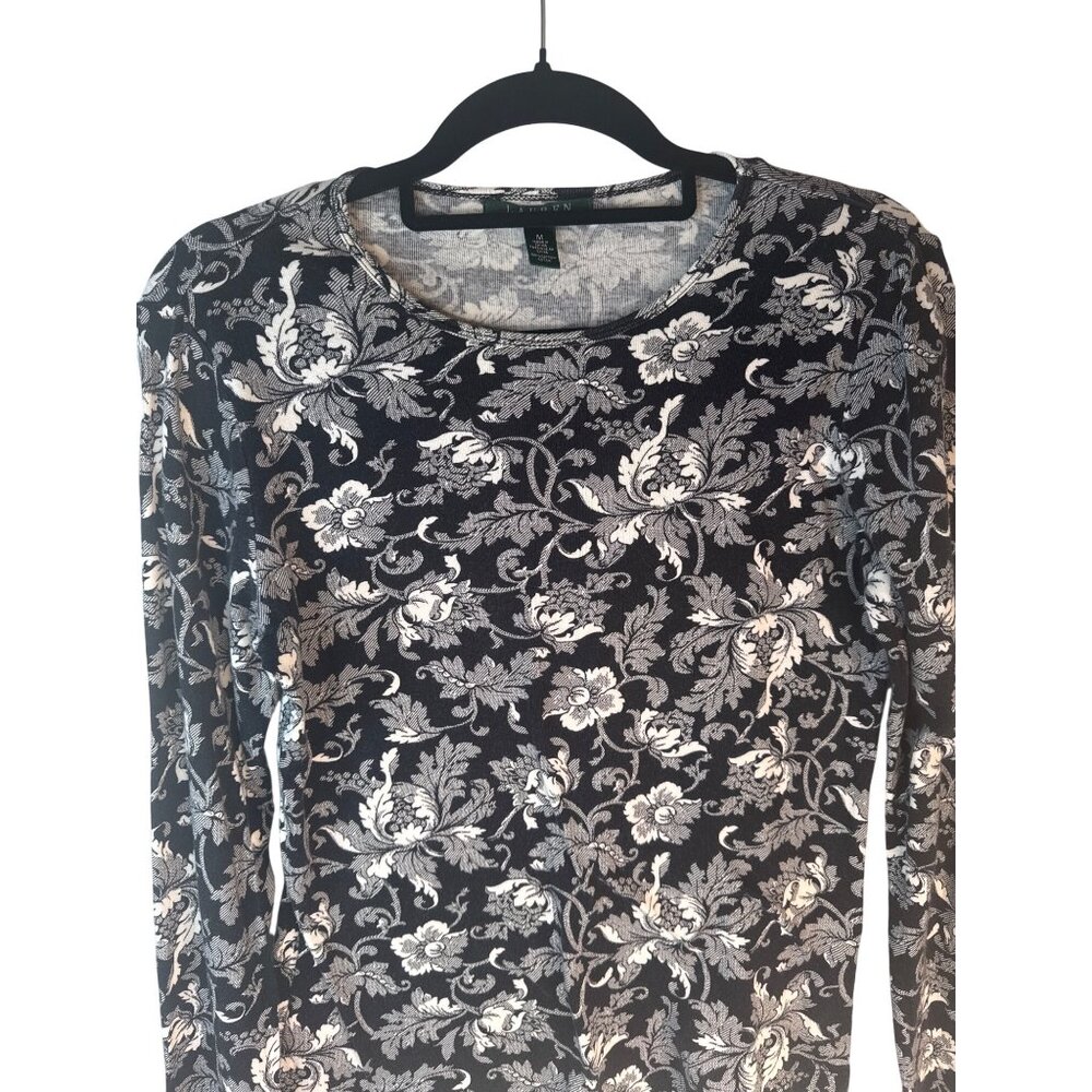 Lauren Ralph Lauren Medium Black & White Floral Long Sleeve Cotton Top - Picture 6 of 11
